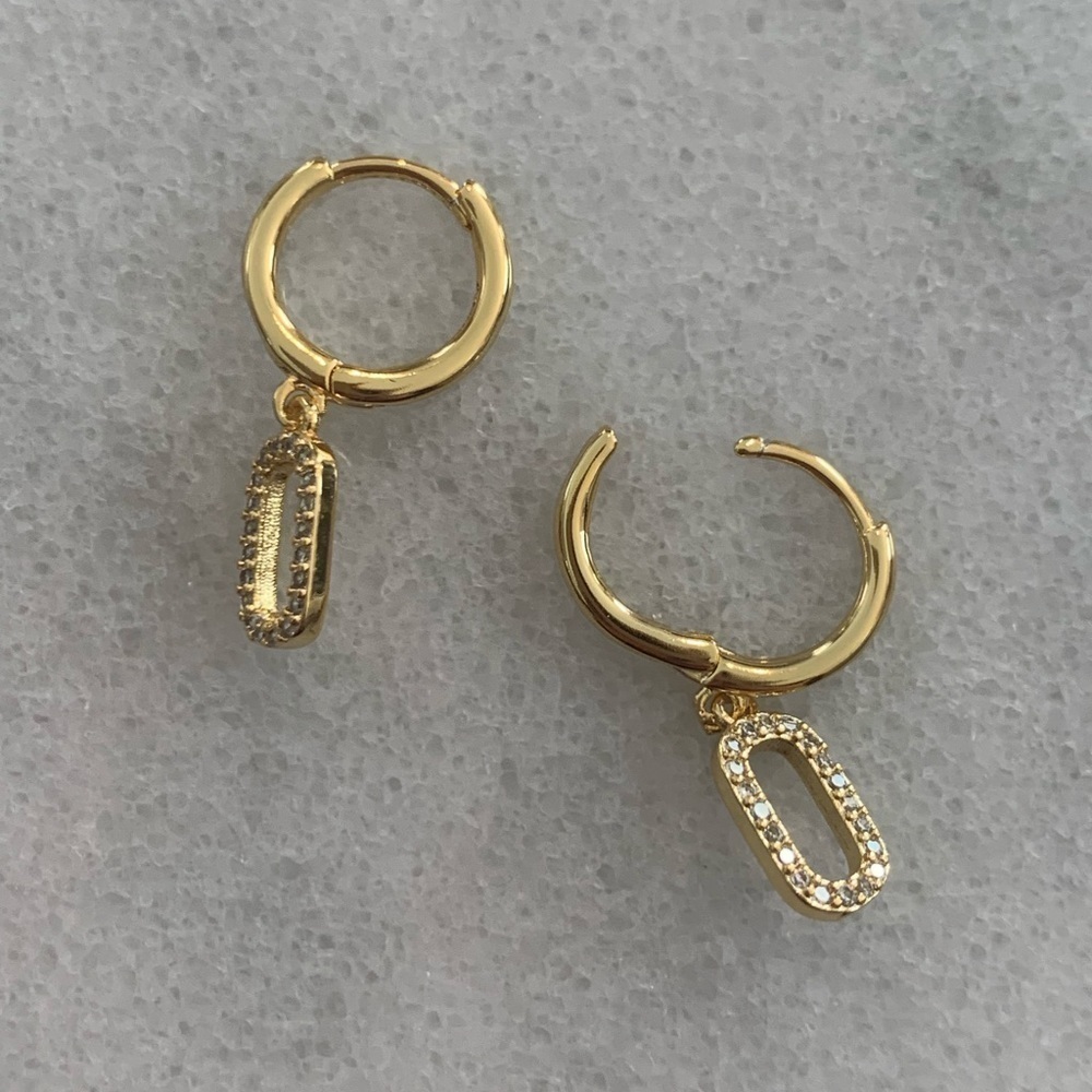 COPY - Gold Crystal Oval Huggie Hoop Dangle Earrings - Picture 2 of 5